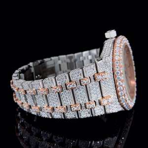 Luxury iced out diamond wristwatch round dial rose gold accents crystal bezel silver <b>bracelet</b> unisex fashion timepiece - Product Image 3
