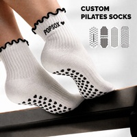 Chaussettes antidérapantes POPSOX à volants pour Pilates, chaussettes mi-mollet à bord festonné, broderie logo personnalisé, yoga femme, vente en gros, faible MOQ