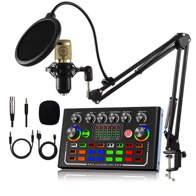 F009 Sound Card Set Professional Audio Mixer Podcast Equipment Sound Recording Condenser Microphone for Live