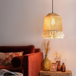 Lampada a sospensione elegante e semplice in corda di canapa, stile industriale moderno, con frange e nappe, <span class=keywords><strong>paralume</strong></span> in canapa naturale intrecciato a mano, LED <span class=keywords><strong>bianco</strong></span> caldo. - Product Image 3