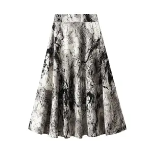2024 nueva llegada mujeres primavera paisaje pintura media falda Floral gasa Maxi falda con cintura alta y dobladillo fluido