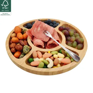 Wholesale Round Divided Serving Tray Bamboo Wooden Fruit Dish Plates for Snacks Crackers