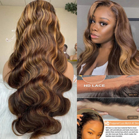 Perruque frontale en dentelle HD 13x4, cheveux humains, mèches brunes, ondulations naturelles, 100% cheveux vierges non traités, mèches blondes mélangées, en promotion