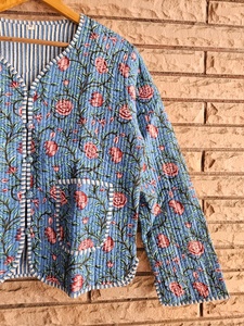 High Custom Hand Block Printed Blue Floral Quilted Cotton Coat Lightweight Quilted Ethnic with Button Front for Women Stylish - Product Image 2