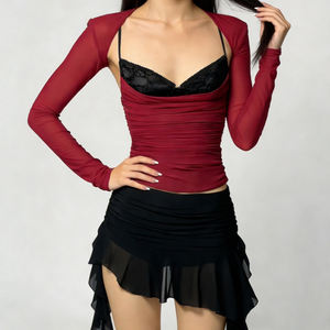 European American <b>Sexy</b> Low Cut Lace Contrast Two Piece Top <b>Women</b> Ruched Cami and Long Sleeve Shrug Slim Fit <b>Outfit</b> - Product Image 5