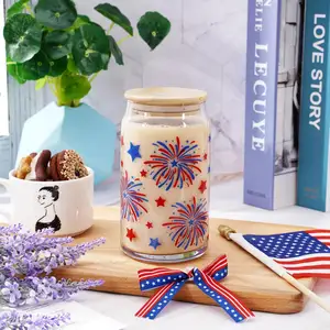 Pafu Whaline 2 Pack Patriotic Drinking Glasses Star Firework Iced Coffee Cups 4th of July Beer Glasses Can for Independence Day