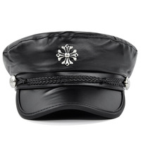 Chapeau de capitaine tendance pour femme en cuir PU avec croix métallique, style rétro décontracté, béret noir d'extérieur, casquette de cadet