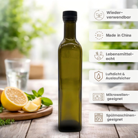Bouteille en verre pour huile d'olive 250 ml, vert antique, avec bec verseur et bouchon inviolable, modèle 2026