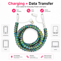 Kabel Charger HP 4 in 1 Hijau Berhias Rhinestone, Kabel USB Type C Multi Charging, Kabel Transfer Data Kristal Warna-warni