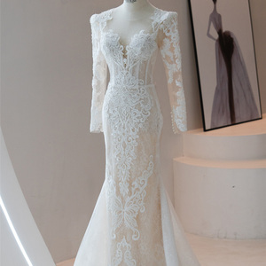 Vestido de novia de <span class=keywords><strong>manga</strong></span> larga de encaje con lentejuelas de sirena para novia Vestidos de novia de encaje Rl344 - Product Image 2