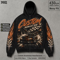 Sweat à capuche zippé 430 GSM 100% Coton Coupe Boxy Délavé à l'acide Street Racing Impression DTG effet craquelé Flamme Strass Fabricant de streetwear personnalisé