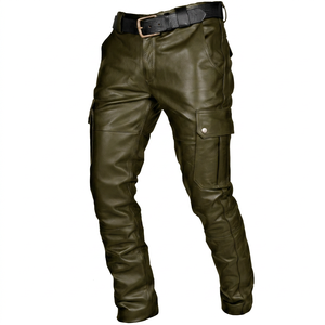 Pantalon cargo décontracté pour homme en cuir d'agneau rouge de haute qualité, léger, taille haute, style motard, plusieurs poches, coupe droite - Product Image 4