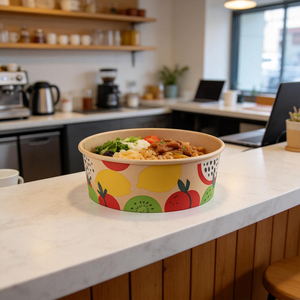 Conteneur d'emballage alimentaire jetable et compostable pour salades de fruits, bol en papier kraft imprimé sur mesure pour la vente à emporter en gros - Product Image 1