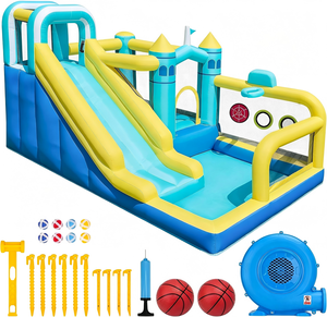 Unidad de Parque Acuático Inflable Multifuncional Todo en Uno, Castillo Inflable <span class=keywords><strong>con</strong></span> Tobogán y Canasta de Baloncesto para Exteriores - Product Image 1