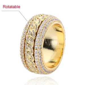 12mm Spinning Cuban Link Rings Rotatable Iced Out Ring Gold Plated Cubic Zirconia Eternity Bling Cuban Link Chain Ring for Men