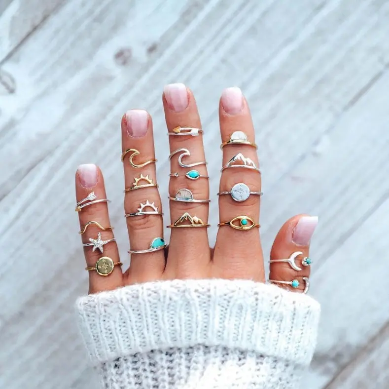 Дешевый женский набор колец в виде стрелы, солнца, морской звезды, компаса, Луны, глаза, популярные предметы, кольца на палец, винтажные кольца вечности