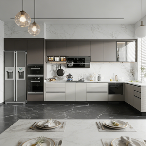 Sistema de Muebles de Cocina Modernos de Dos Tonos, Diseño en L Personalizado con <span class=keywords><strong>Horno</strong></span> Empotrado y Área para Electrodomésticos de <span class=keywords><strong>Microondas</strong></span> - Product Image 1