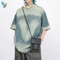 T-shirt vintage vert tie-dye pour homme, effet vieilli, brodé, style streetwear décontracté