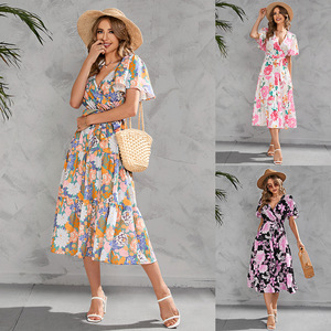Vestido Casual Elegante de Cintura Ajustada para Mujer, con Estampado Floral de Leopardo y Letras, Cuello en V, Encaje y Largo hasta el Suelo, de Buena Calidad - Product Image 4
