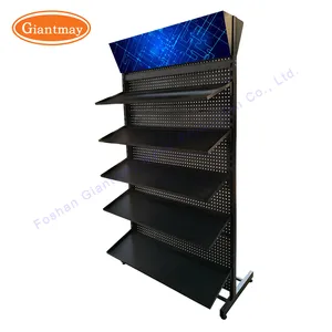 Triangle header metal trade show stand perforated flooring accessories pegboard shelf exhibition display stand