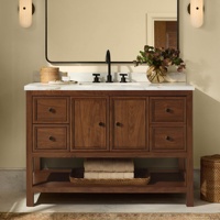 Meuble-lavabo de salle de bain style ferme avec comptoir en marbre de Carrare, lavabo simple, 4 tiroirs et 2 portes à fermeture douce, étagère de rangement ouverte