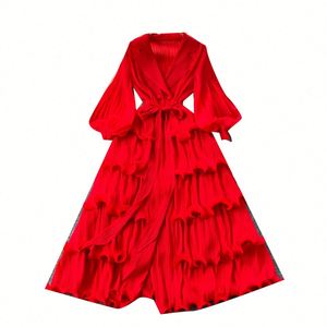 Vestido Midi Plisado con Cuello Vuelto Estilo Vintage Primavera 2025 para Mujer, Manga Linterna, Estampado Digital Casual con Volantes y Encaje - Product Image 5