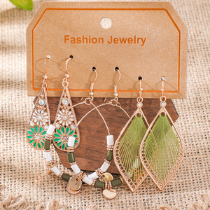 Boucles d'oreilles pendantes tendance pour femme en alliage argenté tibétain avec turquoise sertie, motif floral, style bohème, ensemble de bijoux - Product Image 3