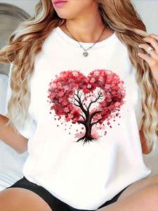 T-shirt da donna con stampa di fiori di ciliegio, rosa, con cuore floreale, manica corta, scollo rotondo, casual, primaverile, estivo, lavabile in lavatrice - Product Image 3
