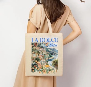 Bolsa de Mano de Lona con Estampado de Pueblo Costero Italiano "La Dolce Vita", Estilo Vintage de la <span class=keywords><strong>Riviera</strong></span> Italiana, Bolsa de Compras Reutilizable - Product Image 2