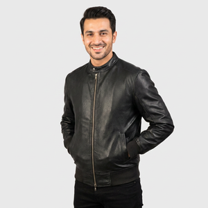 <b>Men's</b> Coated Genuine Leather <b>Jacket</b> with Stand Collar Solid Pattern Hooded Vintage Motorbike <b>Jacket</b> for <b>Men</b> - Product Image 1