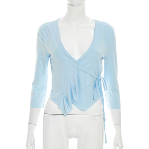 Viviblook Q26TP086 – haut décontracté pour femmes, couleur unie, col en v profond, haut court à lacets pour dames, nouvelle collection été - Product Image 1