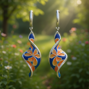 Boucles d'oreilles pendantes en forme de fleur plaquées argent pour femmes, bijoux de fête vintage en alliage avec design en émail bleu et orange - Product Image 2