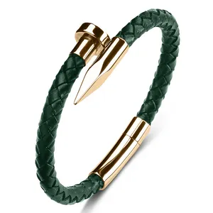 Custom Luxury Men's Stainless Steel Nail Magnetic Clasp Men Jewelry Bracelet Braid Leather Bracelet