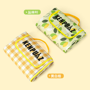 Kempma Picnic <b>Mat</b> Oxford Cloth Waterproof <b>Camping</b> Outdoor <b>Mat</b> 2-6 People Foldable With Handle Yellow Grid And Leaf Pattern - Product Image 1