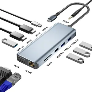 multiport 12 en 1 avec HDMI 4K30Hz USB 3.0 5Gbps SD TF Lecteur de carte Type C PD 100W RJ 45 VGA Hub USB pour PC