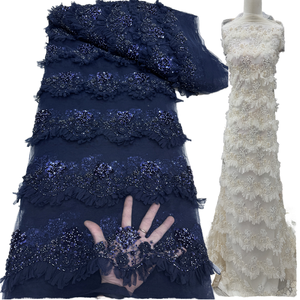 New African Net <b>Lace</b> Fabric Sequins Luxury Knitted Lightweight 3D Flowers Tulle <b>Lace</b> Fabric Bridal Wedding Dress - Product Image 1