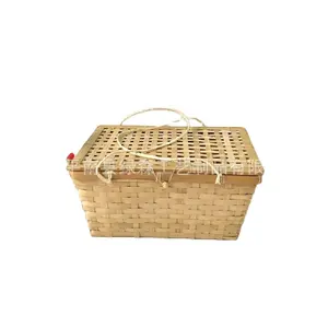 Venta directa de fábrica, cesta de picnic rectangular de bambú con tapa, cesta de almacenamiento de alimentos de cocina de bambú tejida