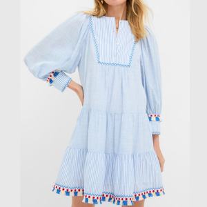 Nuevo Vestido de Verano Boho Bordado de Manga Larga con Borlas en el Bajo, Vestido Mini Ligero de Algodón para Mujer - Product Image 1