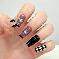 Faux ongles à presser en forme de cœur à carreaux noirs et blancs, ongles acryliques réutilisables forme cercueil moyenne, lot de 24 pièces pour salon