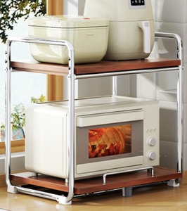 Estante de Almacenamiento para Microondas de 2 Niveles, Acero al Carbono y Madera Sólida, Extraíble, para Electrodomésticos de Cocina, Encimera, Horno, Olla Arrocera, Olla - Product Image 2