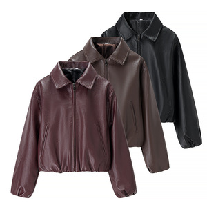 Giacca Bomber da <span class=keywords><strong>Donna</strong></span> in Pelle PU <span class=keywords><strong>Oversize</strong></span> con Spalle Cadenti, Lunghezza Corta, Zip Frontale e Colletto a Risvolto, per l'Autunno e lo Stile Street - Product Image 1