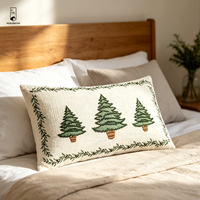 Housse de coussin lombaire brodée de Noël 50x30 en coton et lin, motif arbre, taie d'oreiller avec bordure en dentelle brodée pour canapé et décoration intérieure