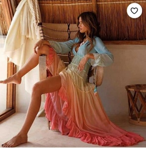 Robe Bohème en Chiffon Dégradé à Col en V, Longueur Genou, Coupe Trapèze, Style Décontracté, Respirante, Teinte par Nouage, Fendue pour Femme - Product Image 2