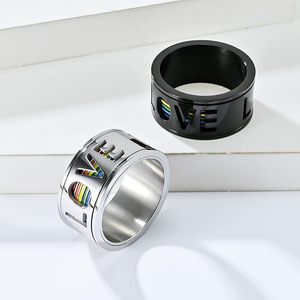 Anillo Giratorio con Bandera Arcoíris, de Acero Inoxidable, Joyería para Hombre, Regalo, Talla Grande, Diseño Geométrico con Letras - Product Image 1