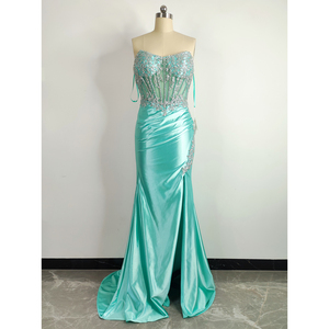 <span class=keywords><strong>Abito</strong></span> da ballo personalizzato blu chiaro con scollo a V con perline di cristallo a sirena formale da sera con spacco <span class=keywords><strong>lungo</strong></span> satinato per le donne - Product Image 1