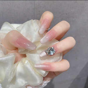 Faux ongles à presser nude dégradé avec perles de verre effet aurora et strass géants en cristal pour mariage, usage quotidien, rendez-vous, fête, vacances - Product Image 1