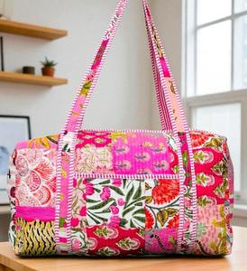 Bolsa de Viaje Grande de Algodón para Fin de Semana, Bolsa de Lona Acolchada Hecha a Mano, Bolsas de Viaje con Estampado de Bloques, Bolsa de Mano - Product Image 3