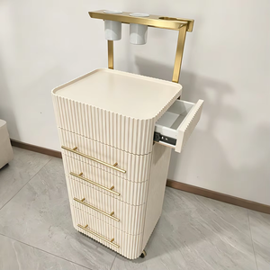 Carrello Portatile Nordic Cream Wood per Salone di <span class=keywords><strong>Bellezza</strong></span>, con Struttura in Metallo Dorato, Organizer per Parrucchieri e Estetisti, per <span class=keywords><strong>Saloni</strong></span> di <span class=keywords><strong>Bellezza</strong></span> e Unghie - Product Image 1