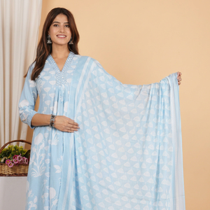 Premium Light Blue Floral Printed Kurta Pant Dupatta Set Womens Wear Three Quarter Sleeves V <b>Neck</b> Comfortable Summer Wear - Product Image 1