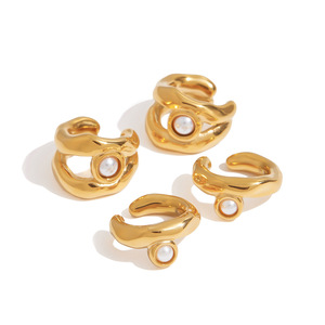 Yueli Pearl <b>Cuff</b> <b>Earrings</b> Gold Tone Bezel Set Stainless Steel Everyday Wear Geometric Design - Product Image 5